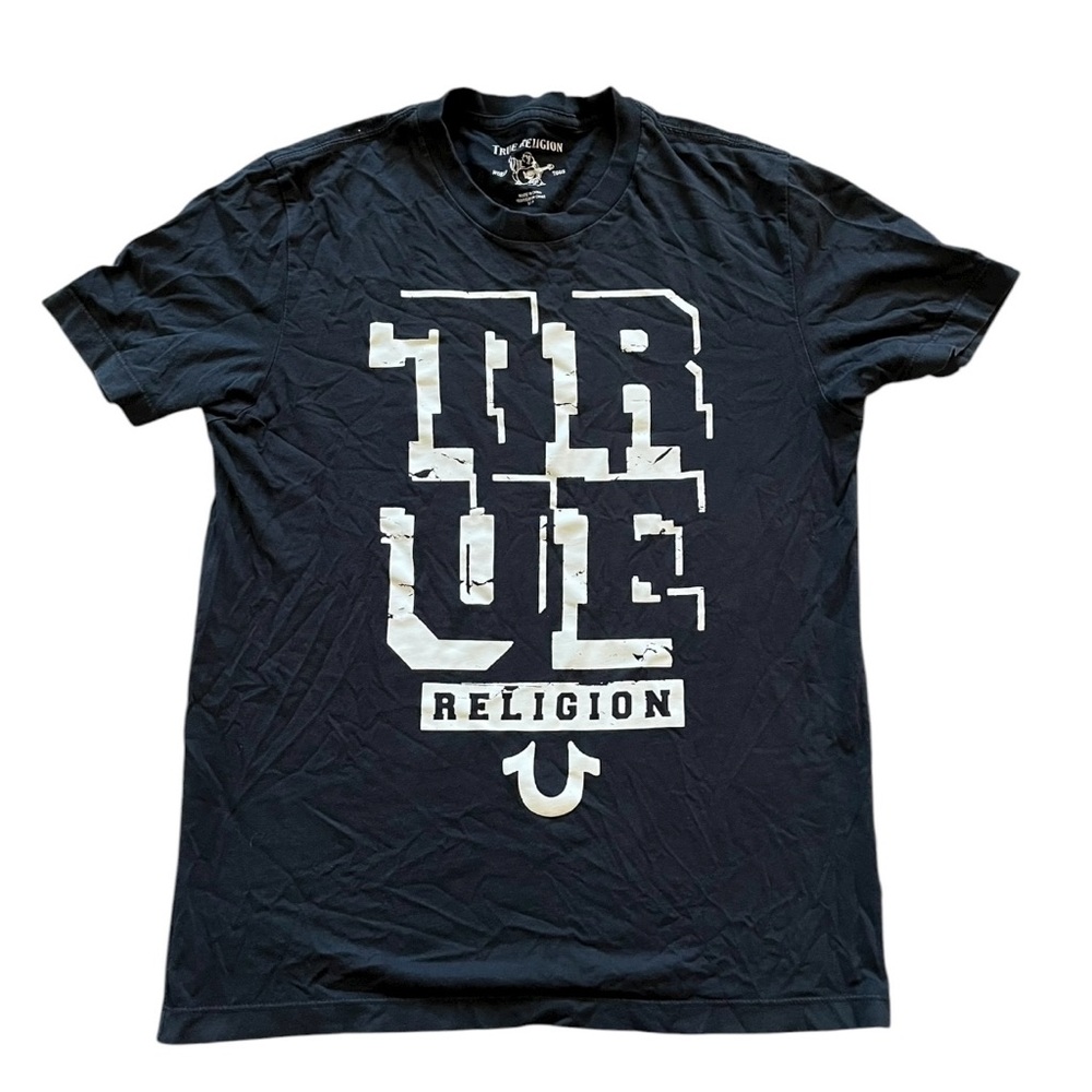 True Religion World Tour Mens Small T-Shirt Black White Logo Graphic Tee - Picture 1 of 3